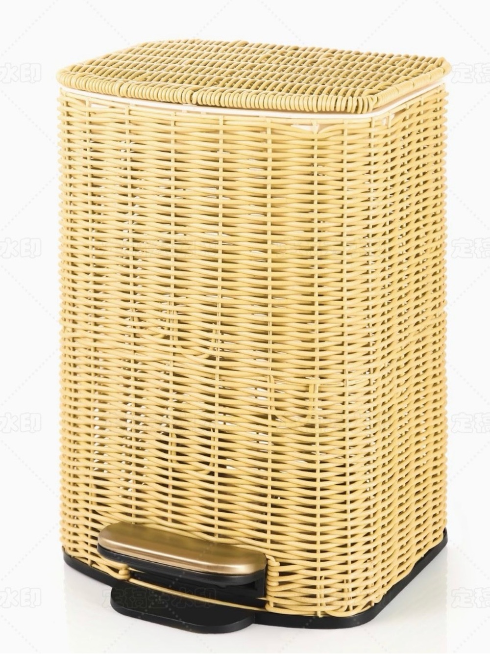 Handwoven Faux Rattan Trash Can Wicker Soft Slow Close Lid, Gold Tone Foot Pedal